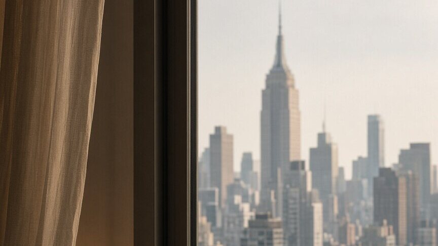 The New York skyline through a curtained window